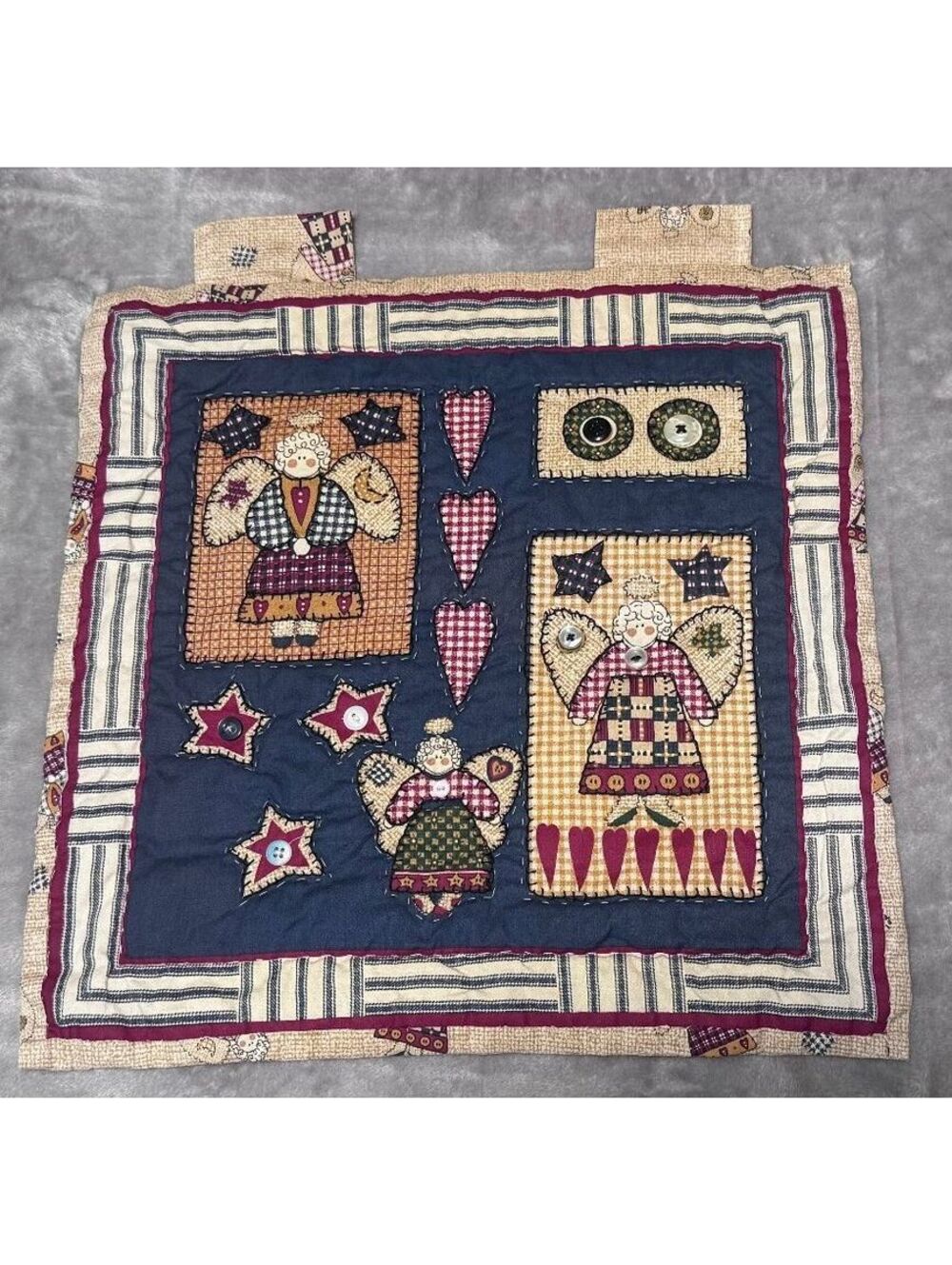 Vintage 15" x 15" Americana Angel Button Wall Hanging Quilt Fabric Panel Decor